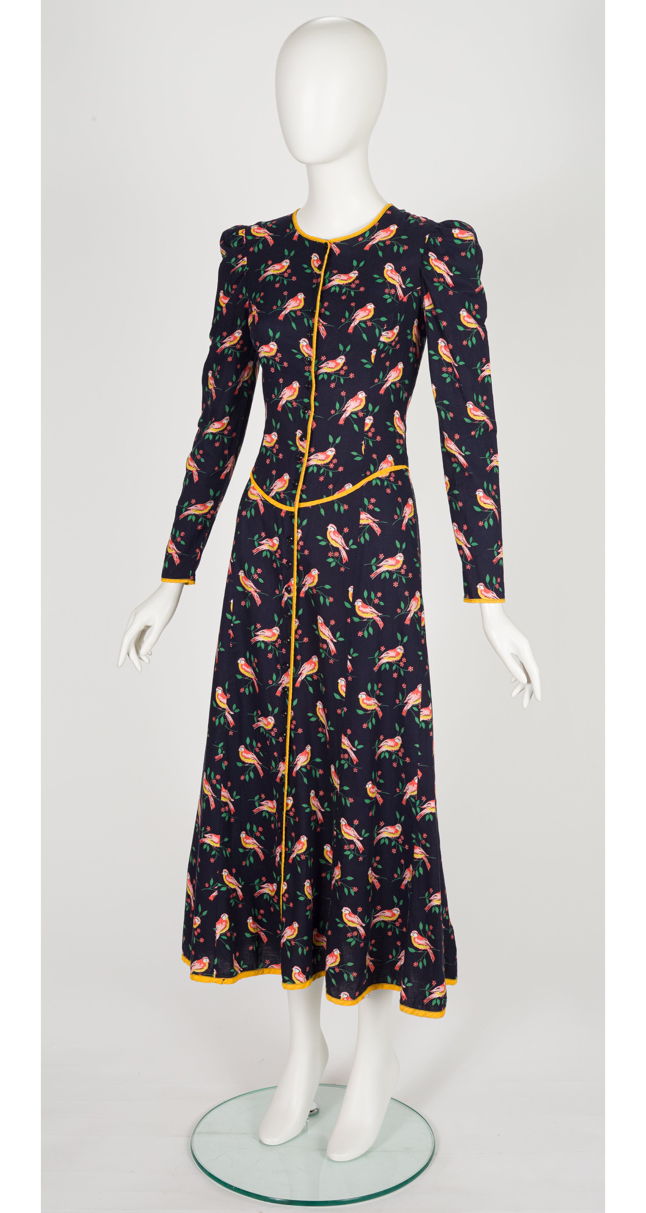 1971 S/S Canary Print Black Cotton Dress