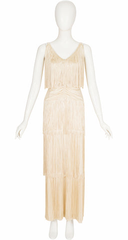 1970s Cream Tiered Fringe Evening Gown