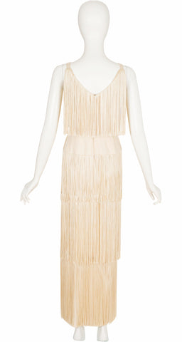 1970s Cream Tiered Fringe Evening Gown