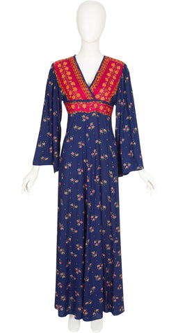 1970s Kuchi Floral Hand Embroidered Navy Cotton Maxi Dress