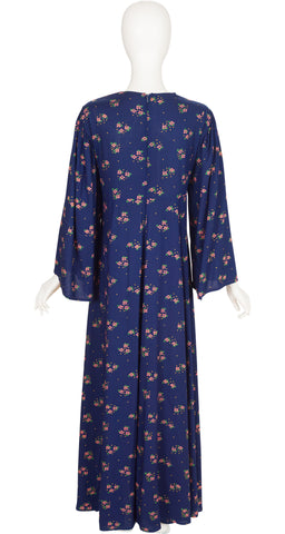 1970s Kuchi Floral Hand Embroidered Navy Cotton Maxi Dress