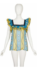 1980 S/S Printed Blue & Yellow Silk Organza Ruffle Top