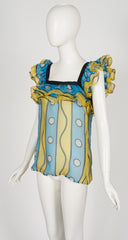 1980 S/S Printed Blue & Yellow Silk Organza Ruffle Top