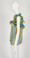 1980 S/S Printed Blue & Yellow Silk Organza Ruffle Top