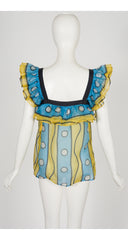 1980 S/S Printed Blue & Yellow Silk Organza Ruffle Top