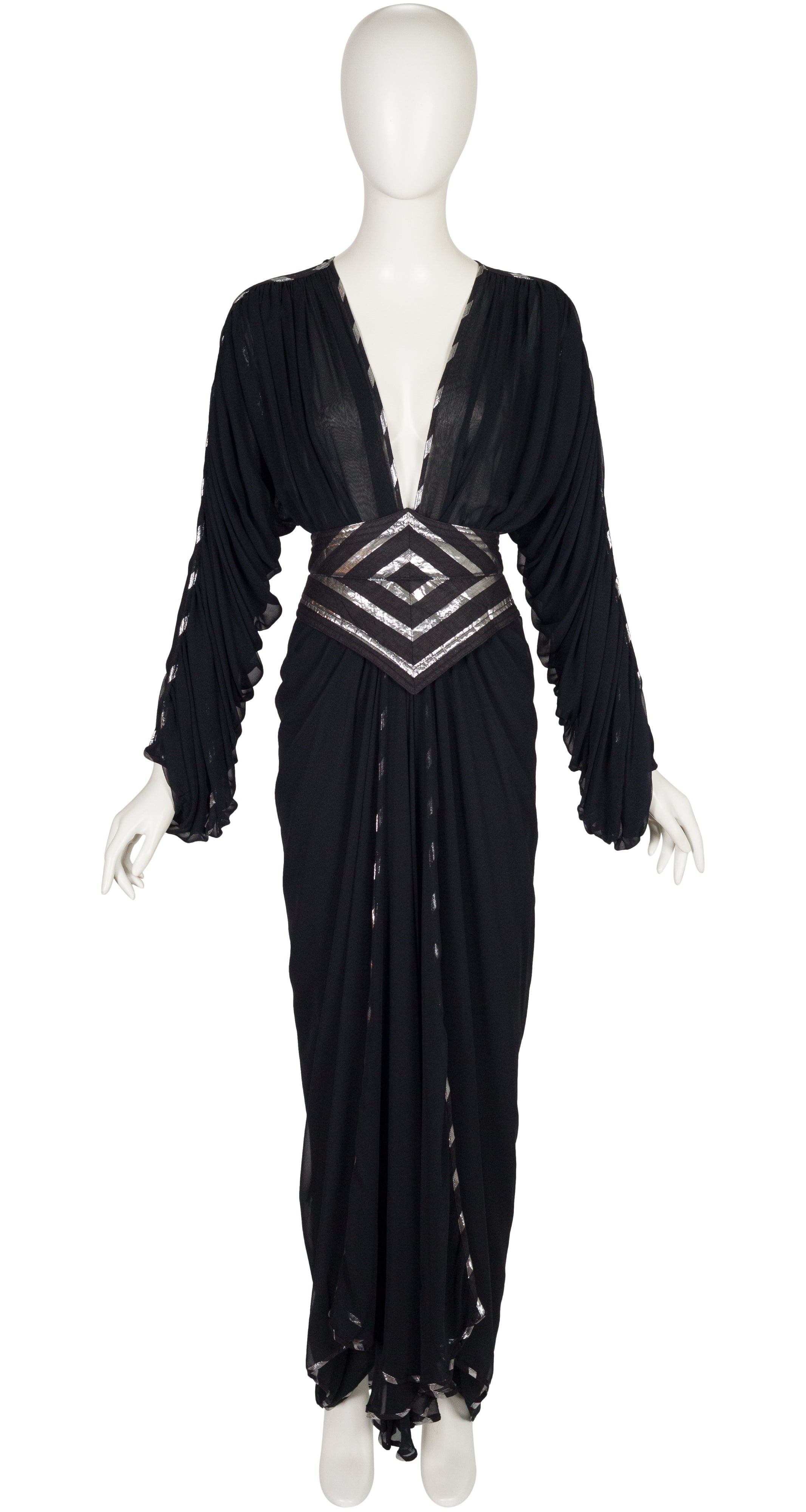 1980s Silver & Black Chiffon Plunge Neck Evening Dress