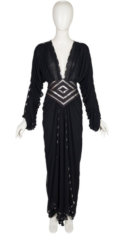 1980s Silver & Black Chiffon Plunge Neck Evening Dress