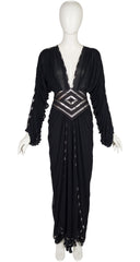1980s Silver & Black Chiffon Plunge Neck Evening Dress