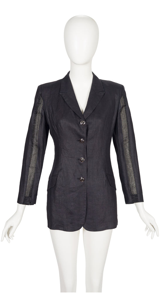 Rifat Ozbek 1990s Black Linen Sheer Inset Blazer Jacket