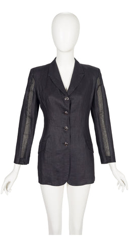 1990s Black Linen Sheer Inset Blazer Jacket
