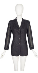 1990s Black Linen Sheer Inset Blazer Jacket