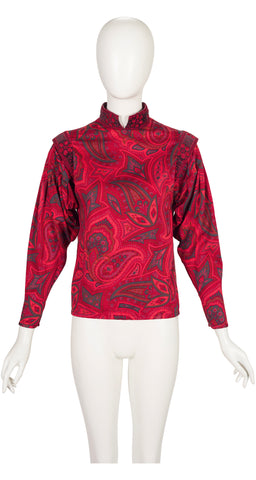 1970s Paisley Red Cotton Leg-of-Mutton Sleeve Top