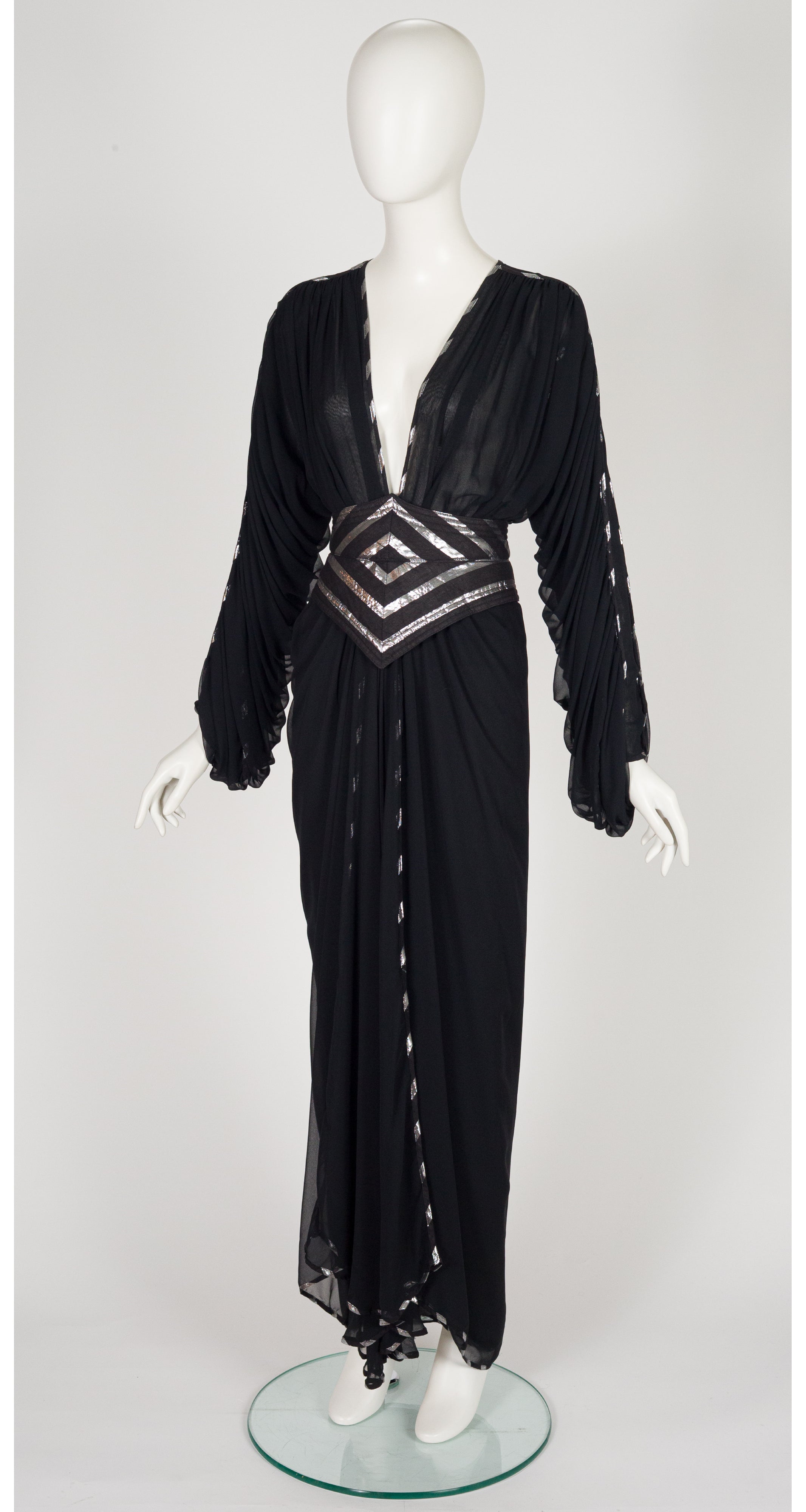 1980s Silver & Black Chiffon Plunge Neck Evening Dress