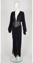 1980s Silver & Black Chiffon Plunge Neck Evening Dress
