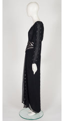 1980s Silver & Black Chiffon Plunge Neck Evening Dress