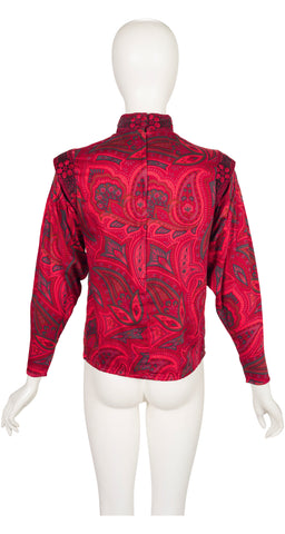 1970s Paisley Red Cotton Leg-of-Mutton Sleeve Top