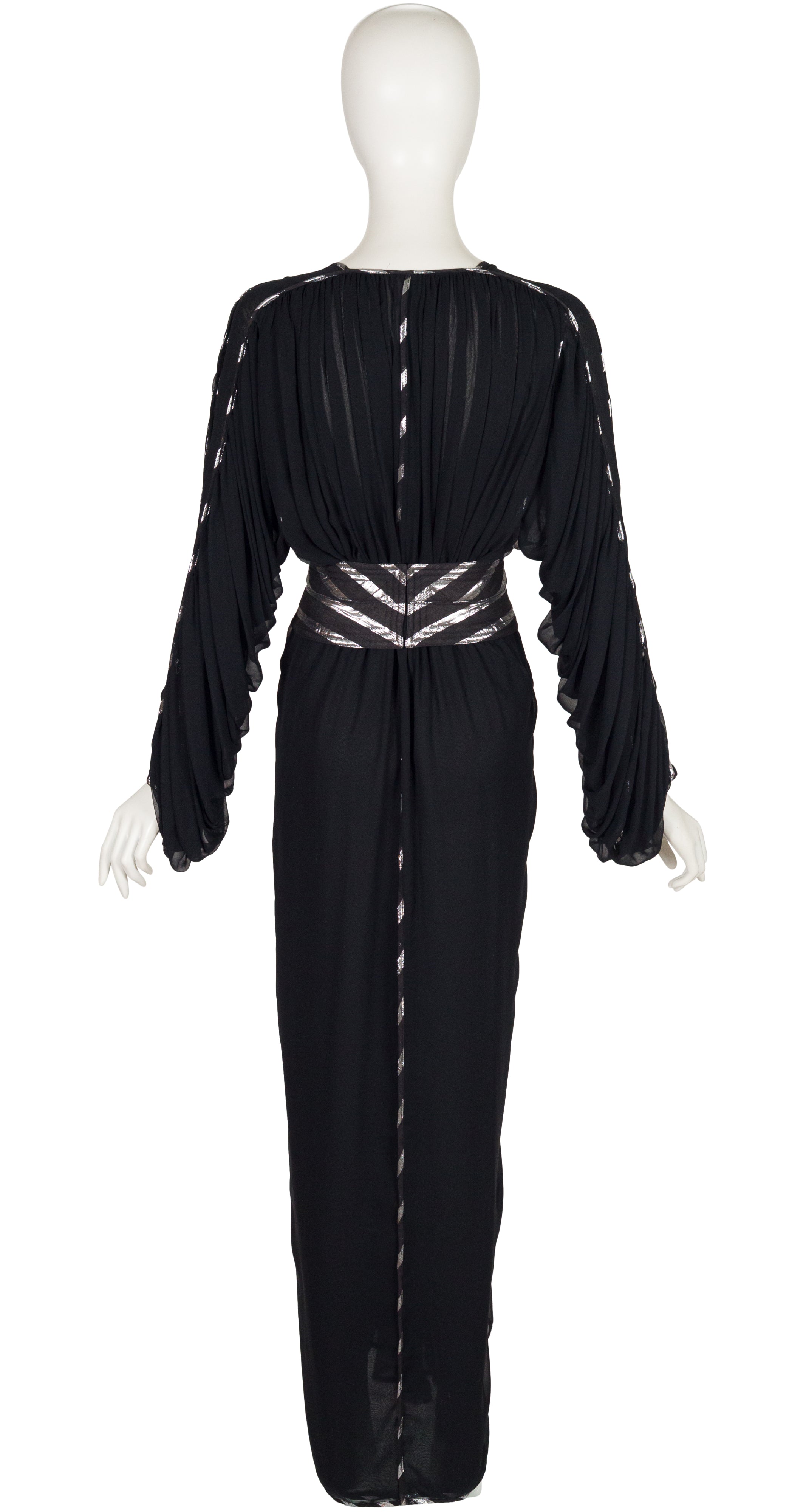 1980s Silver & Black Chiffon Plunge Neck Evening Dress