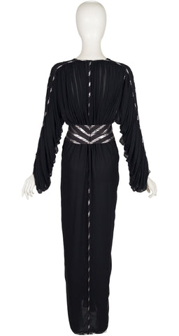 1980s Silver & Black Chiffon Plunge Neck Evening Dress