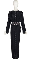 1980s Silver & Black Chiffon Plunge Neck Evening Dress