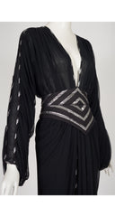 1980s Silver & Black Chiffon Plunge Neck Evening Dress
