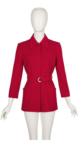 1990s Red Rayon "Mugler"-Buckle Belted Jacket