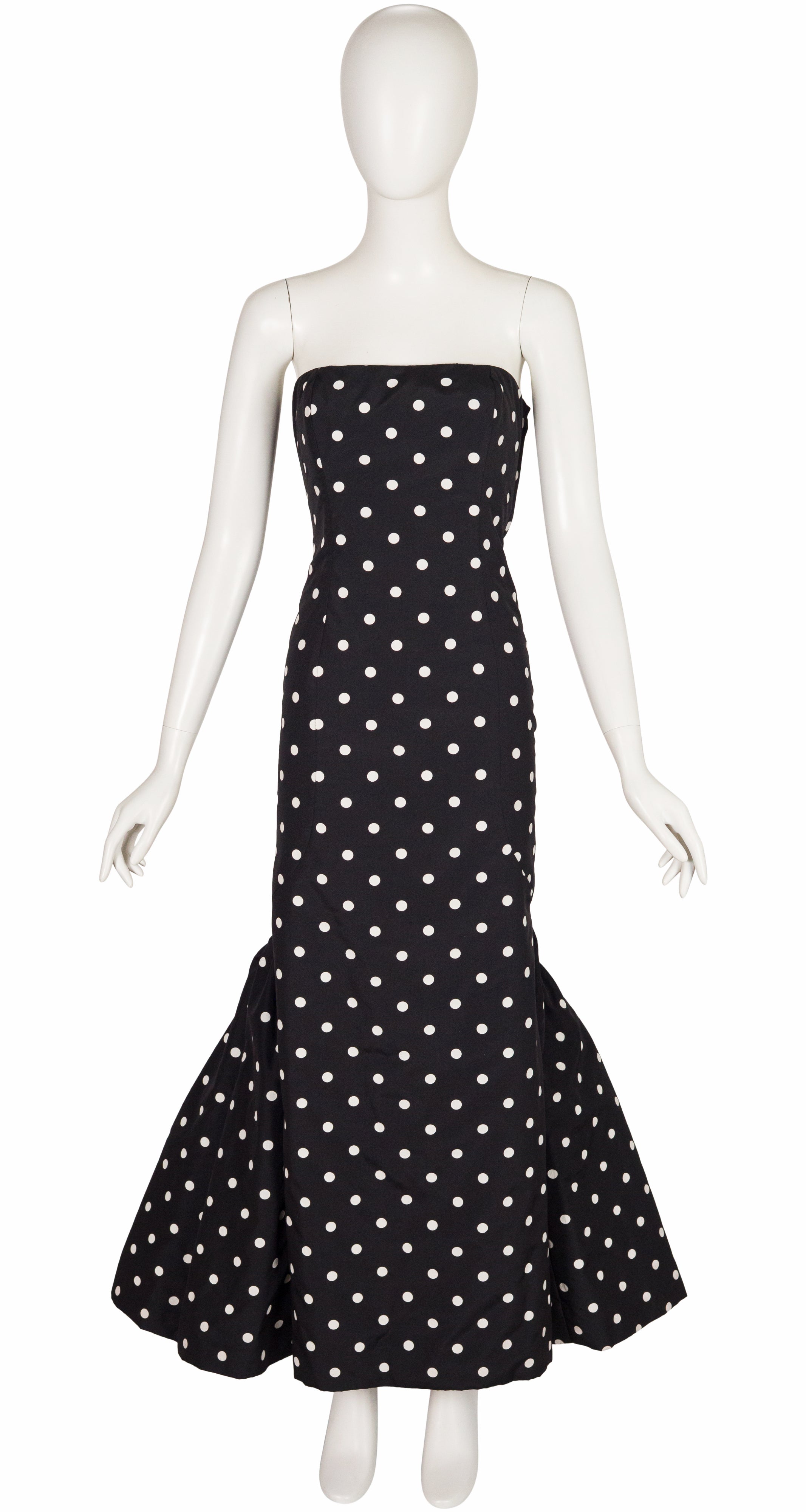 1980s Black & White Polka Dot Strapless Mermaid Gown