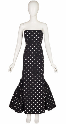 1980s Black & White Polka Dot Strapless Mermaid Gown