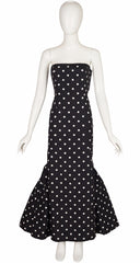1980s Black & White Polka Dot Strapless Mermaid Gown