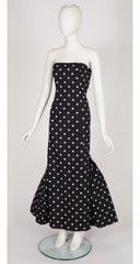 1980s Black & White Polka Dot Strapless Mermaid Gown