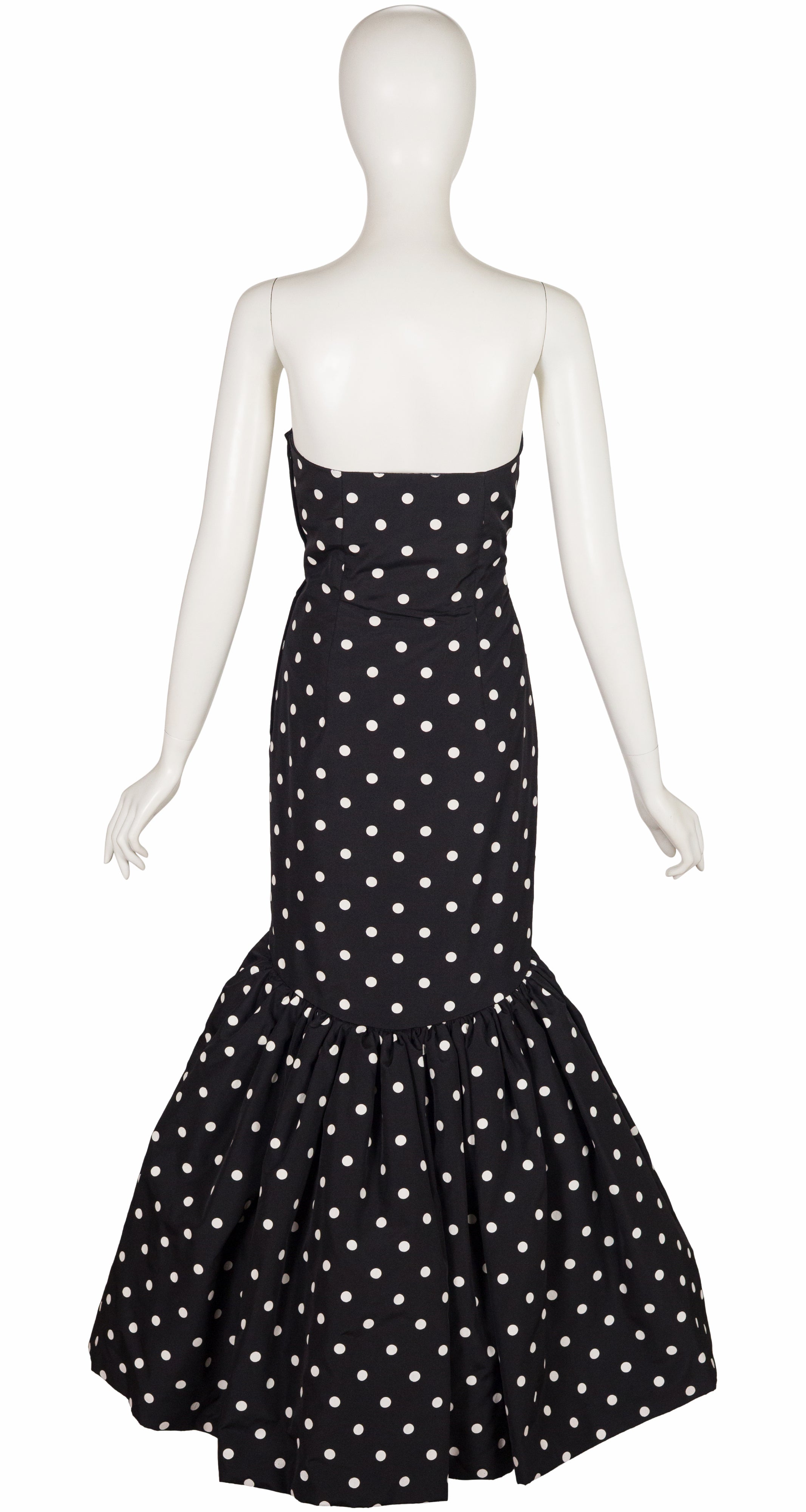 1980s Black & White Polka Dot Strapless Mermaid Gown