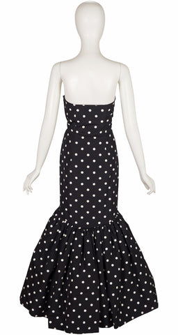 1980s Black & White Polka Dot Strapless Mermaid Gown
