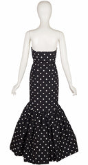 1980s Black & White Polka Dot Strapless Mermaid Gown