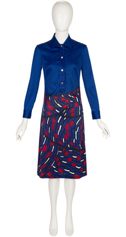 1970s Trompe L'Oeil Blue & Red Jersey Shirt Dress