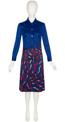 1970s Trompe L'Oeil Blue & Red Jersey Shirt Dress