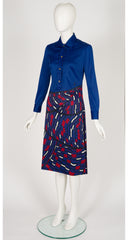 1970s Trompe L'Oeil Blue & Red Jersey Shirt Dress