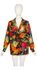 1990s Vegetable Print Black Wool Challis Collared Blouse