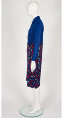 1970s Trompe L'Oeil Blue & Red Jersey Shirt Dress