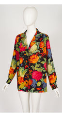 1990s Vegetable Print Black Wool Challis Collared Blouse