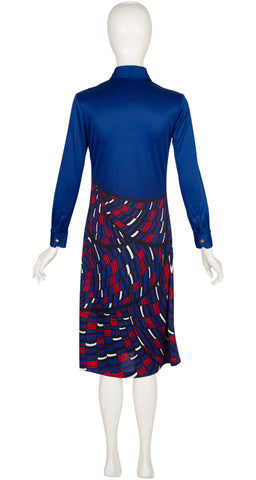 1970s Trompe L'Oeil Blue & Red Jersey Shirt Dress