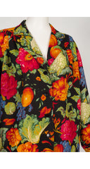 1990s Vegetable Print Black Wool Challis Collared Blouse