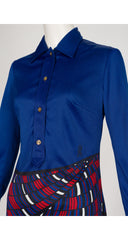 1970s Trompe L'Oeil Blue & Red Jersey Shirt Dress