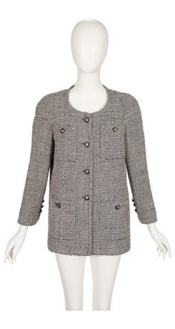 1990s Black & Cream Bouclé Logo Button Jacket