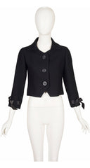 1960s Black Wool Leather Tie Cuff Cropped Jacket