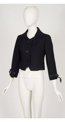 1960s Black Wool Leather Tie Cuff Cropped Jacket