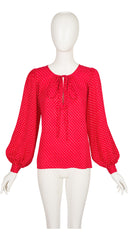 1970s Confetti Print Red Silk Bishop Sleeve Blouse