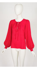 1970s Confetti Print Red Silk Bishop Sleeve Blouse