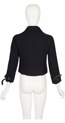 1960s Black Wool Leather Tie Cuff Cropped Jacket