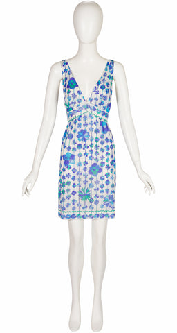 1960s Blue & Green Floral Print Deep V-Neck Nightgown