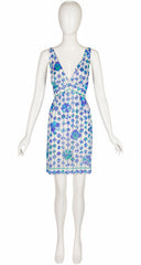 1960s Blue & Green Floral Print Deep V-Neck Nightgown