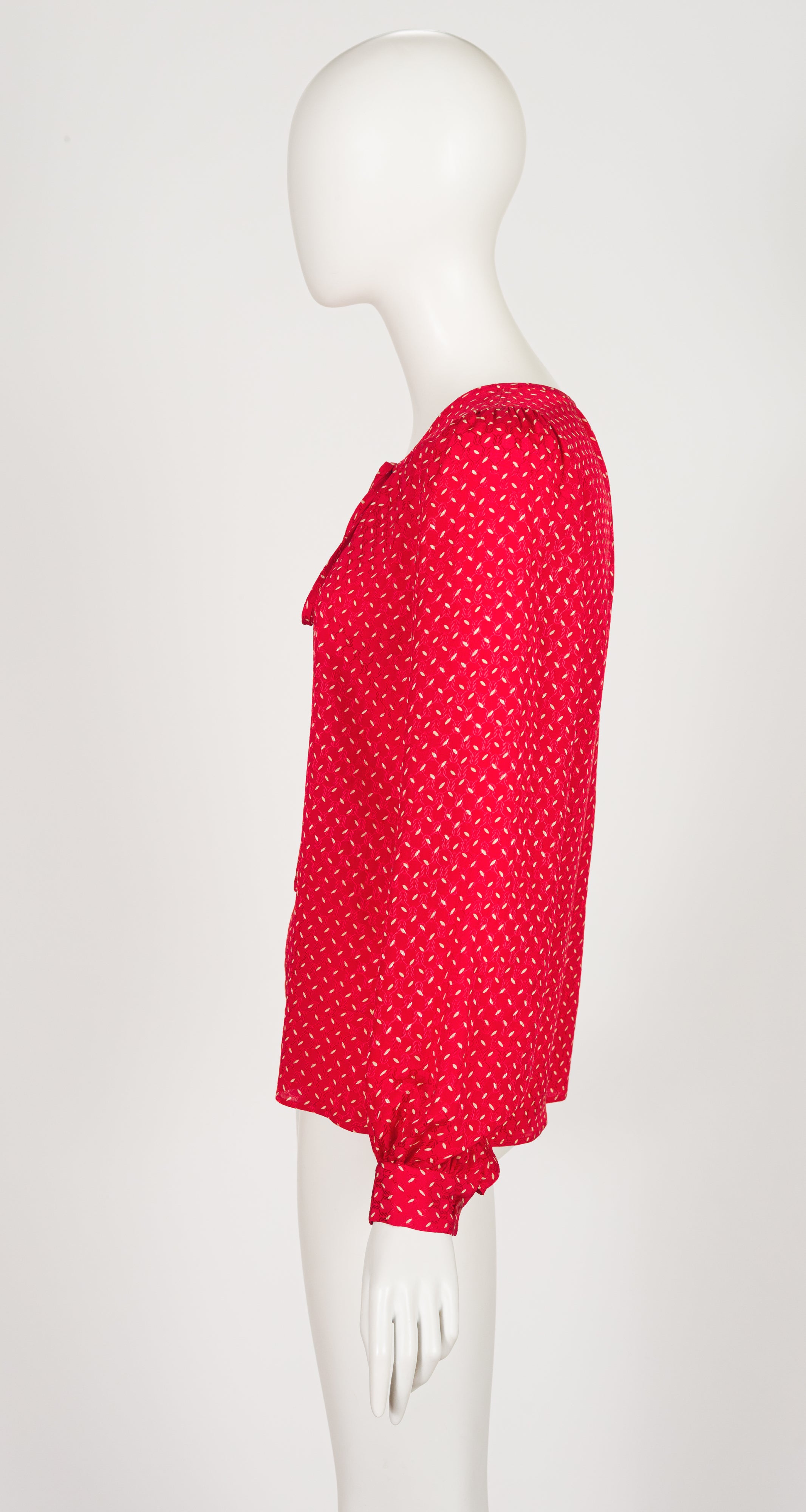 1970s Confetti Print Red Silk Bishop Sleeve Blouse